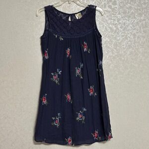 Fig & Flower Anthropologie Navy Blue Sleeveless Floral Embroidered Dress Lace L‎